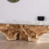 Table basse en racine de teck naturel avec plateau verre rectangulaire "Jungle"