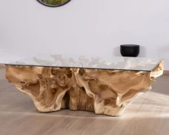 Table basse en racine de teck naturel avec plateau verre rectangulaire "Jungle"