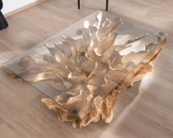 Table basse en racine de teck naturel avec plateau verre rectangulaire "Jungle"