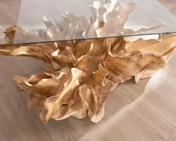 Table basse en racine de teck naturel avec plateau verre rectangulaire 