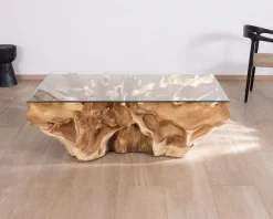Table basse en racine de teck naturel avec plateau verre rectangulaire 