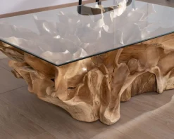 Table basse en racine de teck naturel avec plateau verre rectangulaire 