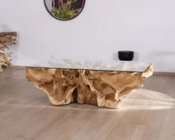 Table basse en racine de teck naturel avec plateau verre rectangulaire 