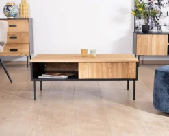 Table basse esprit newtro en bois massif naturel et noir "Sydney" avec portes coulissantes