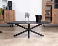 Table basse noire plateau ellipse en manguier massif sablé et pieds métal 3D "Pise"