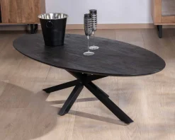 Table basse noire plateau ellipse en manguier massif sablé et pieds métal 3D "Pise"
