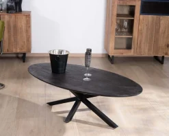 Table basse noire plateau ellipse en manguier massif sablé et pieds métal 3D 