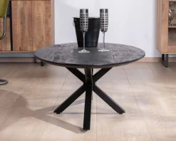Table basse noire plateau ellipse en manguier massif sablé et pieds métal 3D 