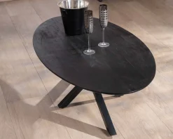 Table basse noire plateau ellipse en manguier massif sablé et pieds métal 3D 