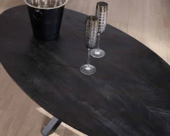Table basse noire plateau ellipse en manguier massif sablé et pieds métal 3D 