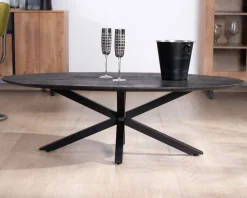 Table basse noire plateau ellipse en manguier massif sablé et pieds métal 3D 