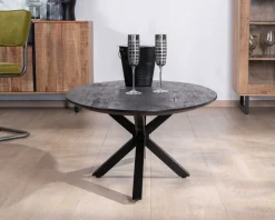 Table basse noire plateau ellipse en manguier massif sablé et pieds métal 3D 