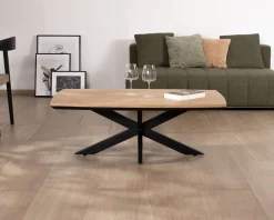 Table basse plateau placage chêne clair pied étoile métal noir 