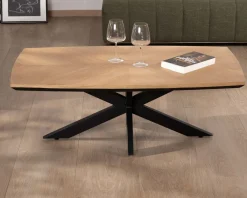 Table basse plateau placage chêne clair pied étoile métal noir 