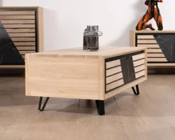 Table basse rectangulaire 1 tiroir en chêne blanchi et façade décor effet marbre "Storia"