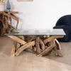 Table basse rectangulaire 120 cm en bois de teck recyclé avec plateau en verre "Kanoa"