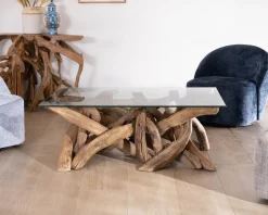 Table basse rectangulaire 120 cm en bois de teck recyclé avec plateau en verre "Kanoa"