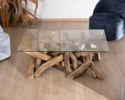Table basse rectangulaire 120 cm en bois de teck recyclé avec plateau en verre "Kanoa"