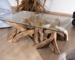 Table basse rectangulaire 120 cm en bois de teck recyclé avec plateau en verre 