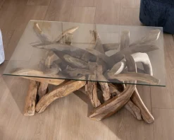 Table basse rectangulaire 120 cm en bois de teck recyclé avec plateau en verre 