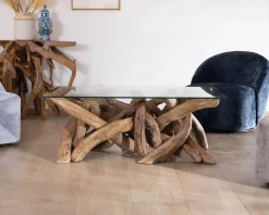 Table basse rectangulaire 120 cm en bois de teck recyclé avec plateau en verre 