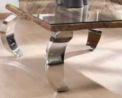 Table basse rectangulaire bois recyclé rustique, plateau verre et pieds design métal brillant opium "Timber"