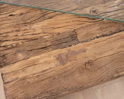 Table basse rectangulaire bois recyclé rustique, plateau verre et pieds design métal brillant opium "Timber"