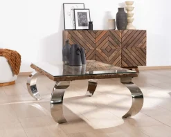 Table basse rectangulaire bois recyclé rustique, plateau verre et pieds design métal brillant opium 
