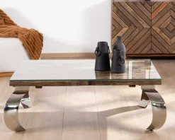 Table basse rectangulaire bois recyclé rustique, plateau verre et pieds design métal brillant opium 