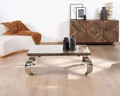 Table basse rectangulaire bois recyclé rustique, plateau verre et pieds design métal brillant opium 