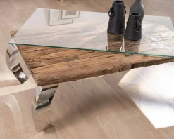 Table basse rectangulaire bois recyclé rustique, plateau verre et pieds design métal brillant opium 