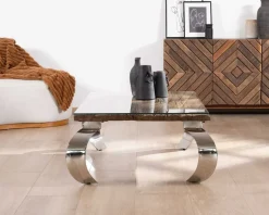 Table basse rectangulaire bois recyclé rustique, plateau verre et pieds design métal brillant opium 