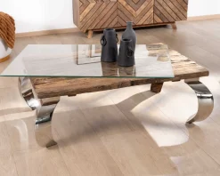 Table basse rectangulaire bois recyclé rustique, plateau verre et pieds design métal brillant opium 