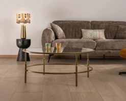 Table basse ronde 90 cm en laiton doré et plateau verre "Gilt Antique" style contemporain chic