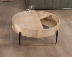 Table basse ronde avec plateau pivotant en cannage "Loopie" diamètre 80 cm
