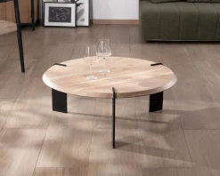 Table basse ronde design en acacia et 3 pieds métal noir 