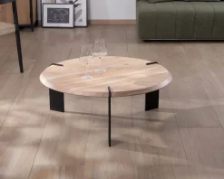 Table basse ronde design en acacia et 3 pieds métal noir 