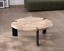 Table basse ronde design en acacia et 3 pieds métal noir 