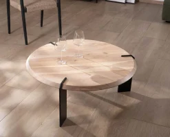 Table basse ronde design en acacia et 3 pieds métal noir 
