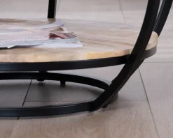 Table basse ronde double plateau en manguier massif et structure métal noir "Loopie"
