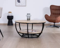 Table basse ronde double plateau en manguier massif et structure métal noir "Loopie"