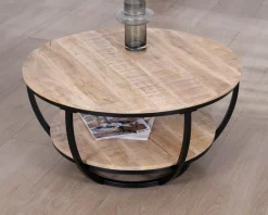 Table basse ronde double plateau en manguier massif et structure métal noir 