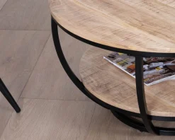 Table basse ronde double plateau en manguier massif et structure métal noir 