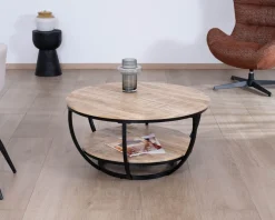 Table basse ronde double plateau en manguier massif et structure métal noir 