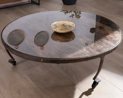 Table basse ronde en bois recyclé et plateau verre avec pieds métal 