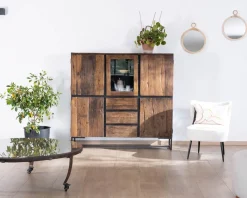 Table basse ronde en bois recyclé et plateau verre avec pieds métal 