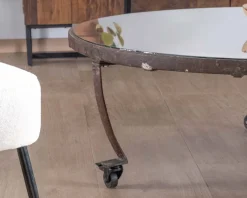 Table basse ronde en bois recyclé et plateau verre avec pieds métal 