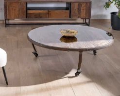 Table basse ronde en bois recyclé et plateau verre avec pieds métal 