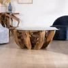 Table basse ronde en bois de teck flotté et plateau verre "Kanoa" 120 cm
