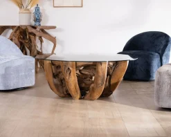 Table basse ronde en bois de teck flotté et plateau verre "Kanoa" 120 cm